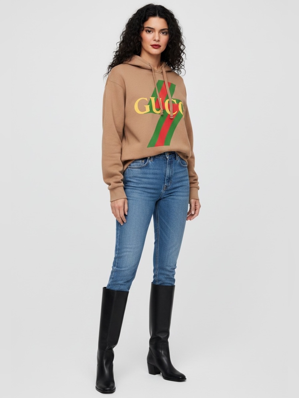 Gucci Camel Hoodie with Green and Red Logo